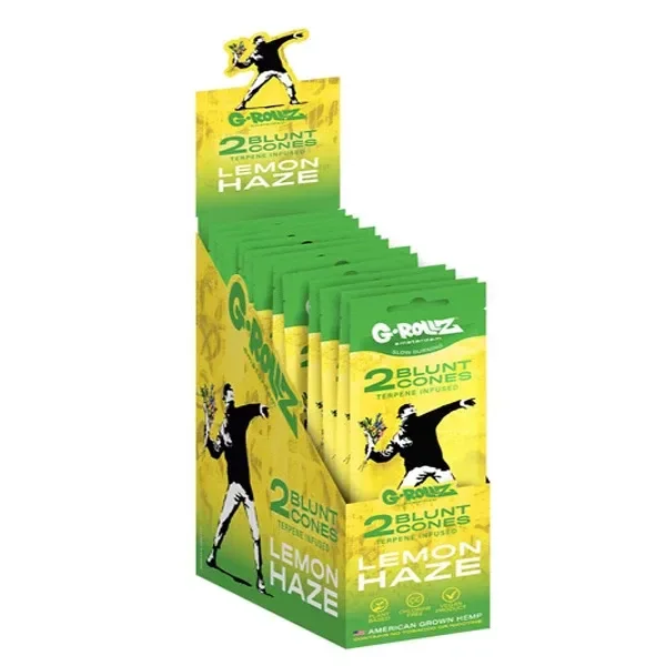 Expositor de Blunts Cones G-Rollz Hemp Lemon Haze con varios sobres verdes y amarillos y la indicación «2 Blunt Cones».