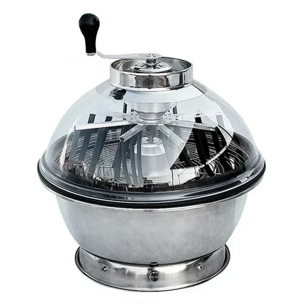 Peladora Bowl Dutch Masters con recipiente plateado, cúpula transparente que deja ver el mecanismo y manivela superior negra.