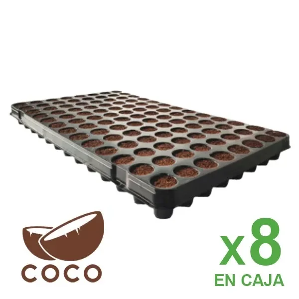 Bandeja negra Plugin Pro con filas de alvéolos rellenos, símbolo de coco e indicación de ocho unidades por caja.