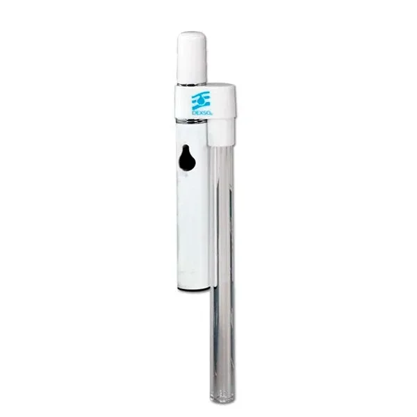 Vaporizador portátil Dexso Wax & Oil en posición vertical, con cuerpo blanco, logotipo azul y tubo transparente lateral alargado.
