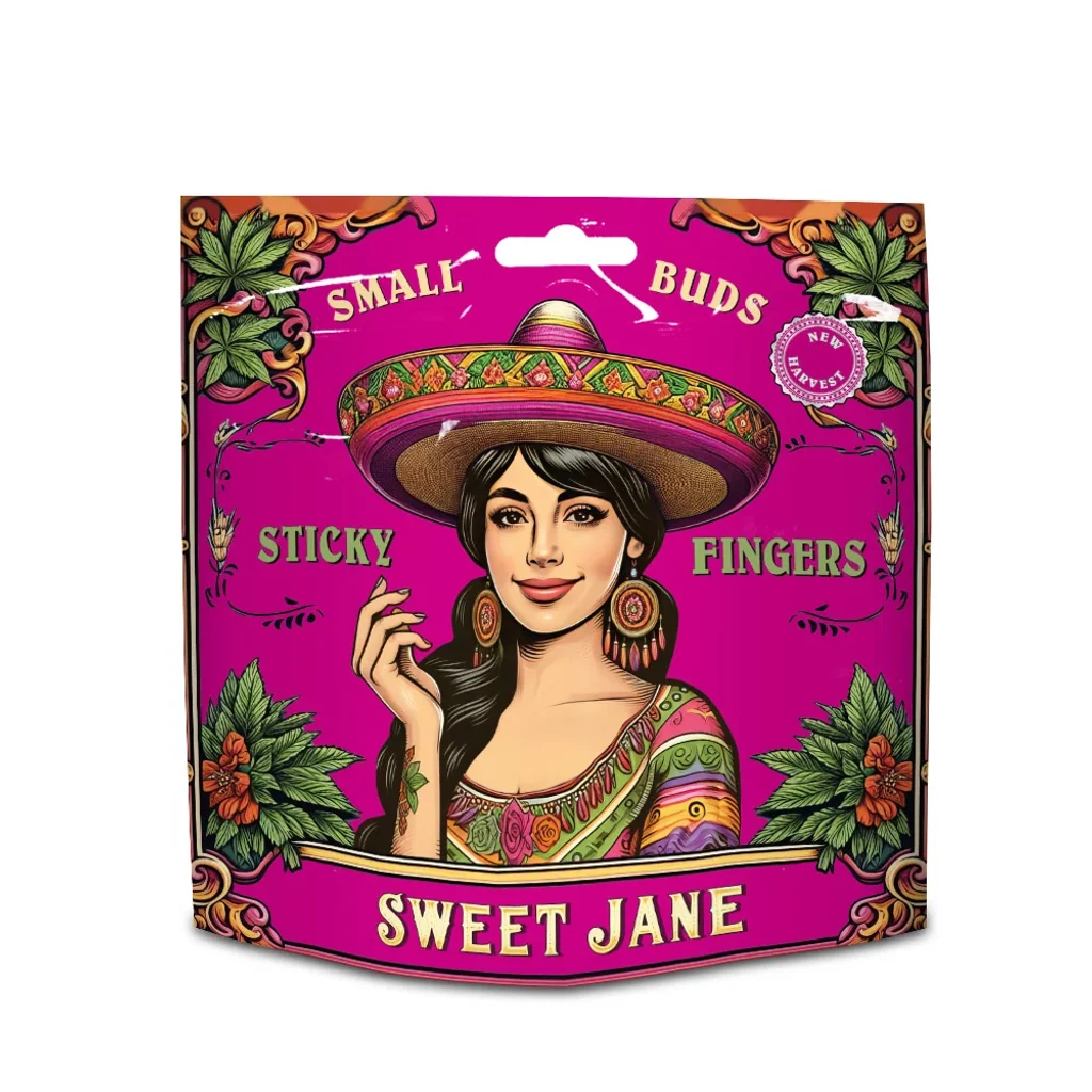Envase fucsia de Sweet Jane Small Buds Sticky Fingers, con una mujer ilustrada con sombrero y adornos de hojas y flores.
