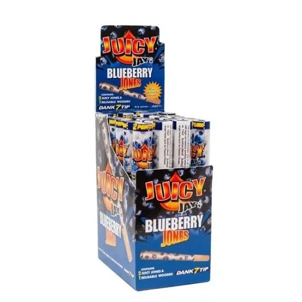 Expositor azul de Juicy Jay’s Blueberry Jones con varios envases verticales de conos y dibujos de arándanos.