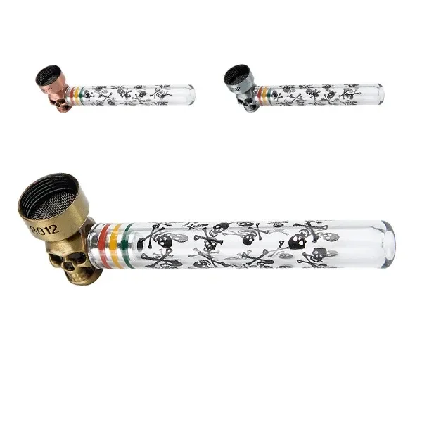 Pipas de tubo transparente decorado con calaveras y cazoleta sobre una calavera metálica, en variantes dorada, cobriza y plateada.