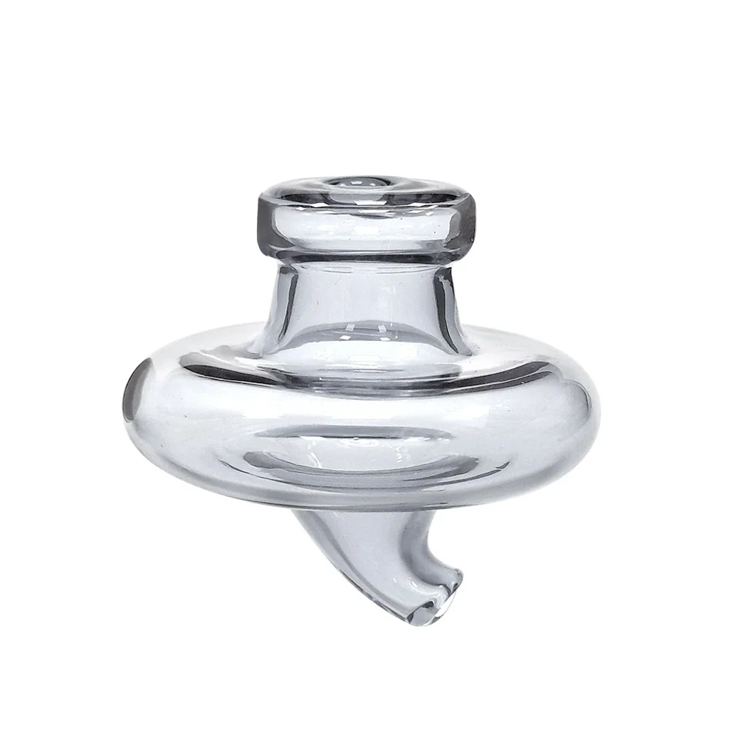 Carb Cup Cristal Clear de vidrio transparente, con cuerpo circular ancho, cuello elevado y salida inferior curvada sobre fondo blanco.
