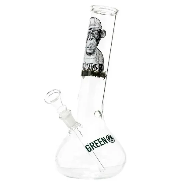 Bong de cristal transparente Green Line Monkey con base abombada, tubo largo, cazoleta lateral y dibujo de un mono con gorra.