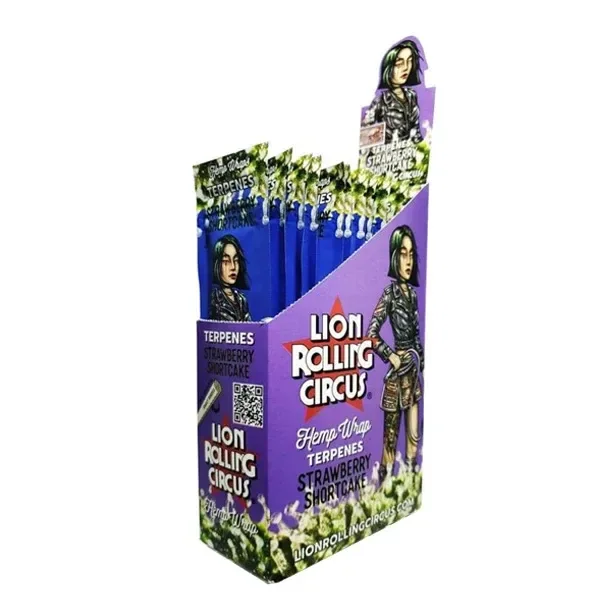 Expositor morado de blunts Rolling Circus Hemp Wraps Strawberry Shortcake, con varios sobres azules y un personaje ilustrado.
