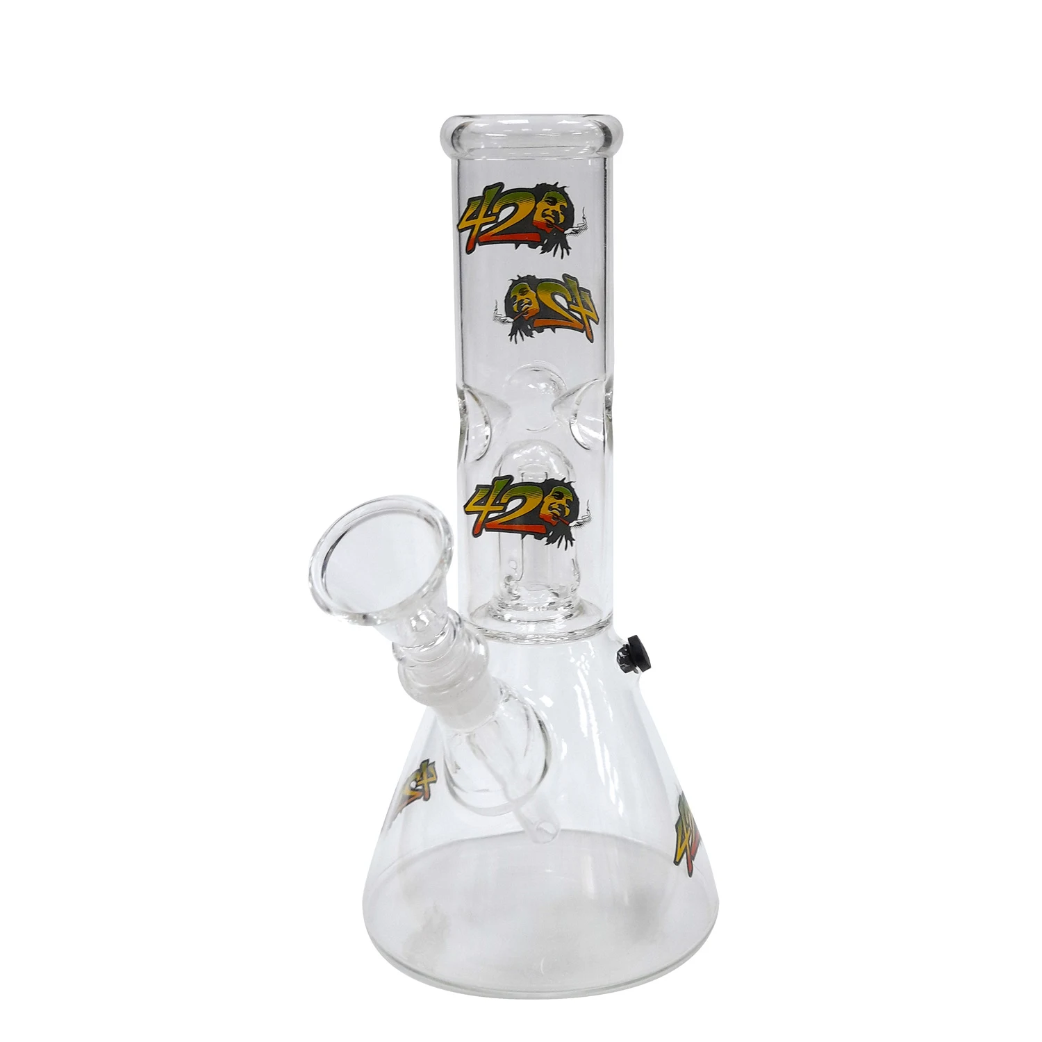 Bong transparente Ice Percolator 420 con base cónica, tubo vertical, cazoleta lateral inclinada y motivos 420 de colores. Bong transparente Ice Percolator 420 con base cónica, tubo vertical, cazoleta lateral inclinada y motivos 420 de colores.