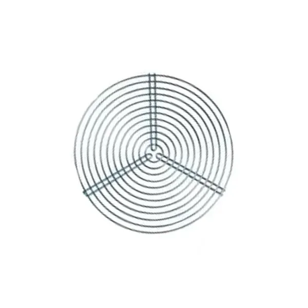Rejilla de protección CAN-FAN circular, vista de frente, con aros concéntricos y tres grupos de varillas radiales sobre fondo blanco.