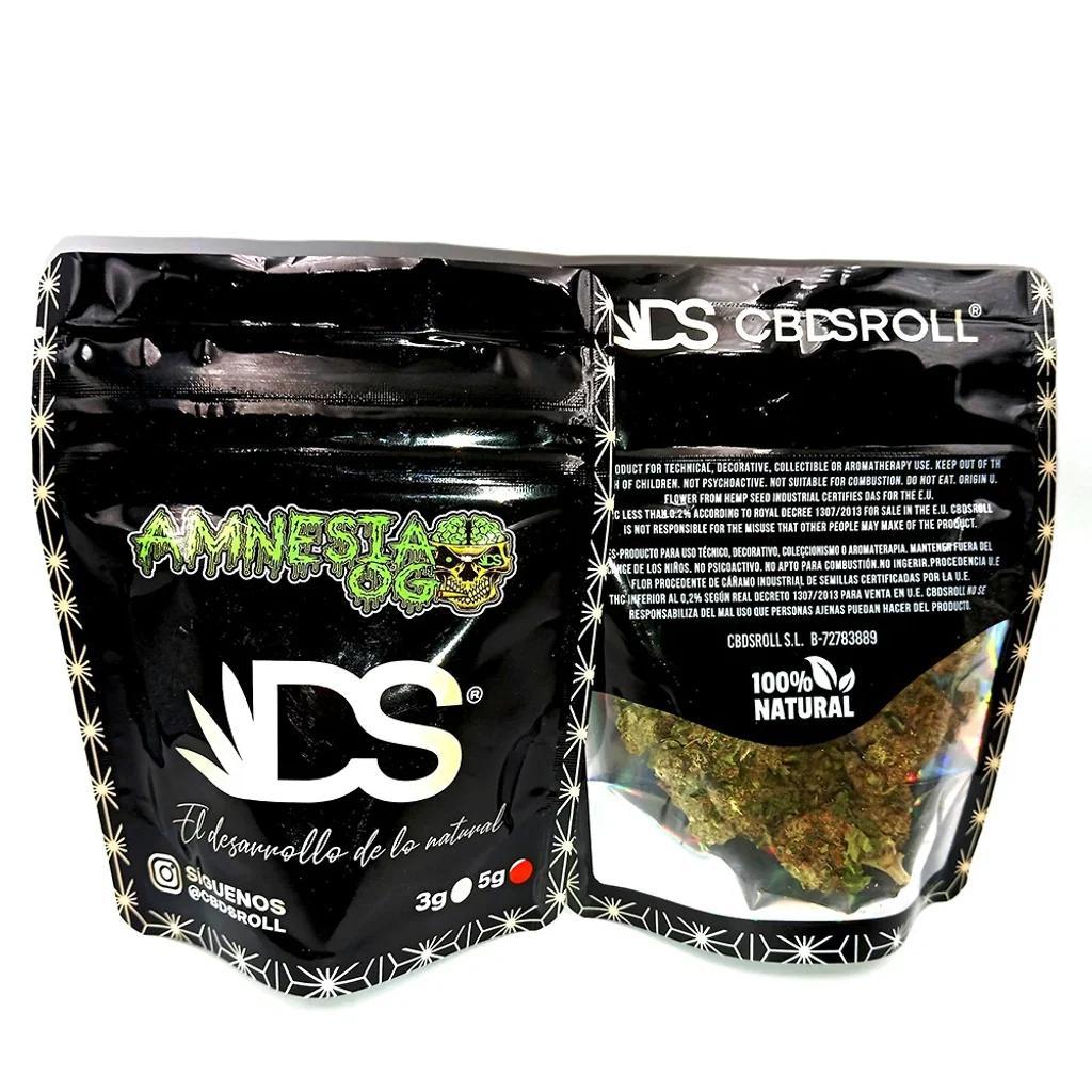 Envase negro de CBDSROLL Amnesia mostrado por delante y por detrás, con letras verdes y una ventana que deja ver los cogollos.