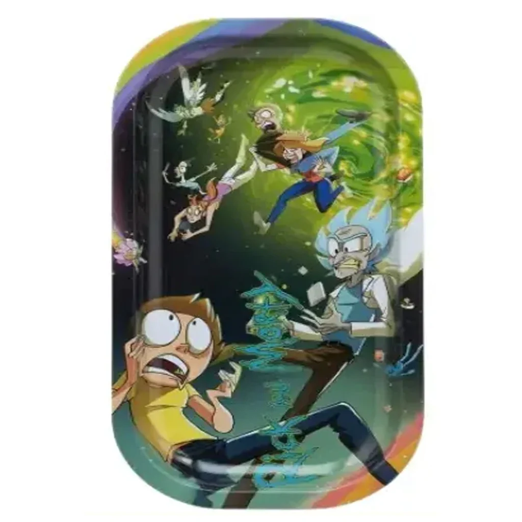 Bandeja rectangular de bordes redondeados con Rick y Morty, otros personajes y un portal verde en una escena de dibujos animados.