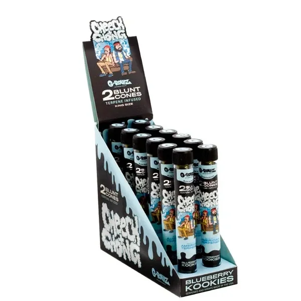 Expositor de blunts G-Rollz Cheech & Chong Blueberry Cookies con varios tubos de tapón negro y dibujos de los personajes.