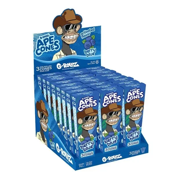 Expositor de conos G-Rollz Ape Berry Blue King Size con varias cajas azules y un mono con sombrero y gafas de sol.