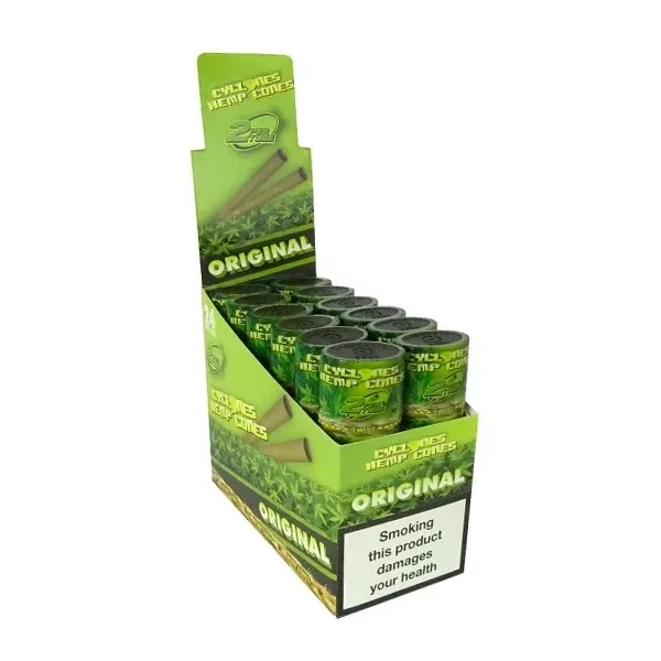Expositor verde de Cyclones Hemp Original con varios tubos y una advertencia sanitaria en el frontal, sobre fondo blanco.