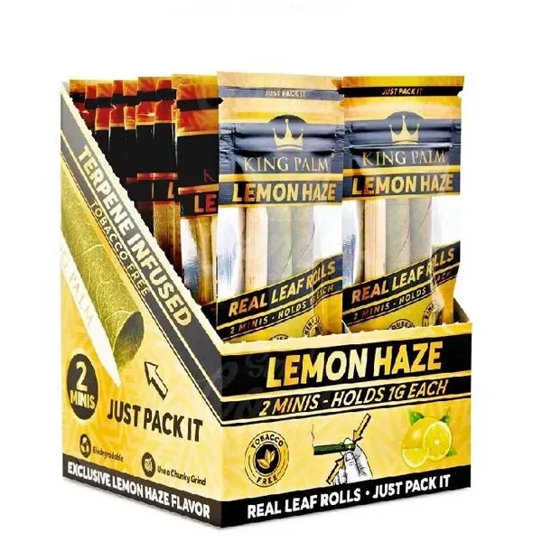 Expositor amarillo y negro de King Palm Mini Rolls Lemon Haze con varios sobres y la indicación de dos minis de 1 g por sobre.