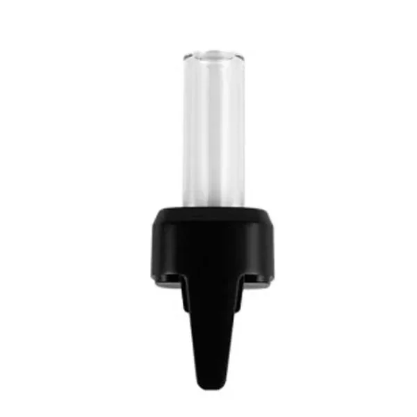 Adaptador de cristal XVAPE para X-max V4, con tubo transparente vertical y base negra con extremo estrecho sobre fondo blanco.