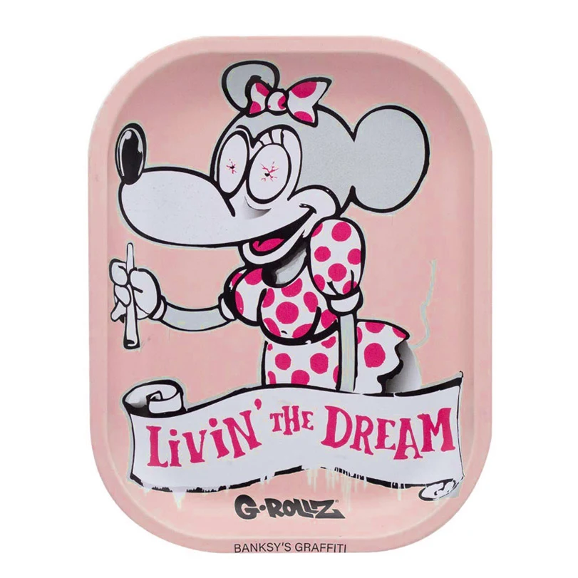 Bandeja rosa G-Rollz con una ratona de dibujos animados, vestido de lunares, un cigarrillo en la mano y el texto «Livin’ the Dream».