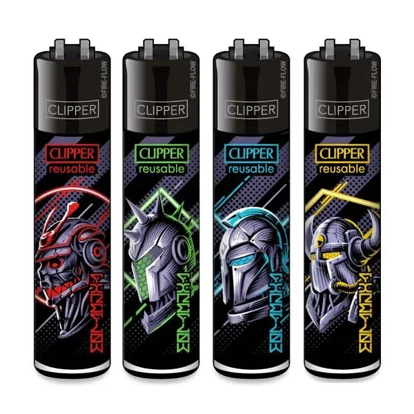 Selección de mecheros Clipper Classic Cyborg Warriors negros, alineados con cascos robóticos en diseños rojos, verdes, azules y amarillos.