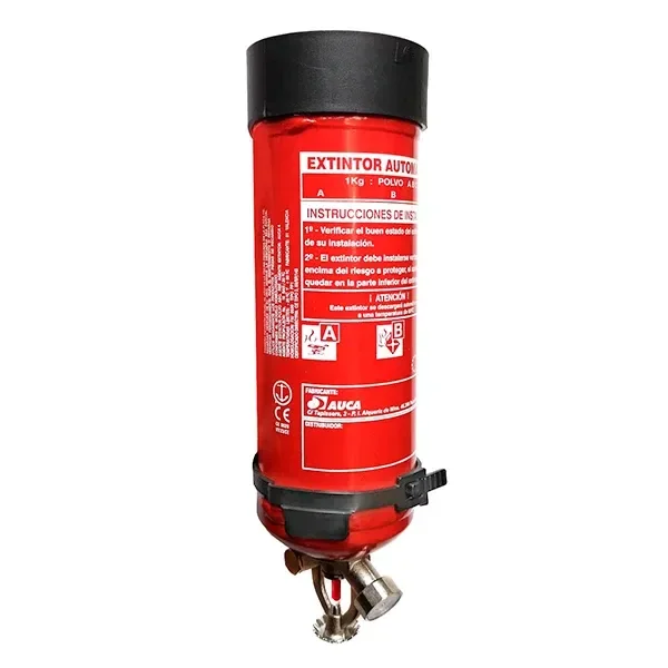 Extintor automático rojo con cubierta negra, instrucciones blancas, abrazadera de sujeción y mecanismo metálico inferior.