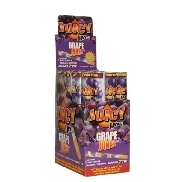 Expositor morado de conos Juicy Jay’s Grape Jones con varios envases, ilustraciones de uvas y el texto «2 per tube».
