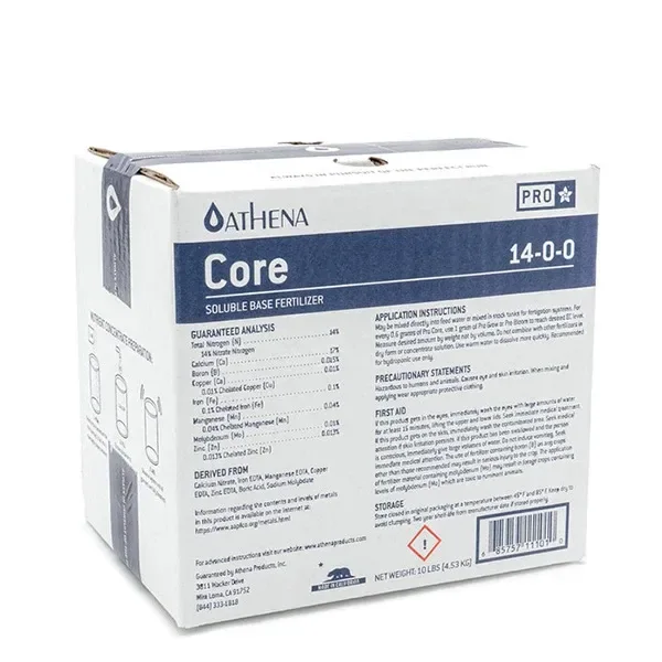 Caja blanca Athena Pro Core con franja azul, fórmula 14-0-0 y peso de 4,53 kg en la etiqueta, sobre fondo blanco. Caja blanca Athena Pro Core con franja azul, fórmula 14-0-0 y peso de 4,53 kg en la etiqueta, sobre fondo blanco.
