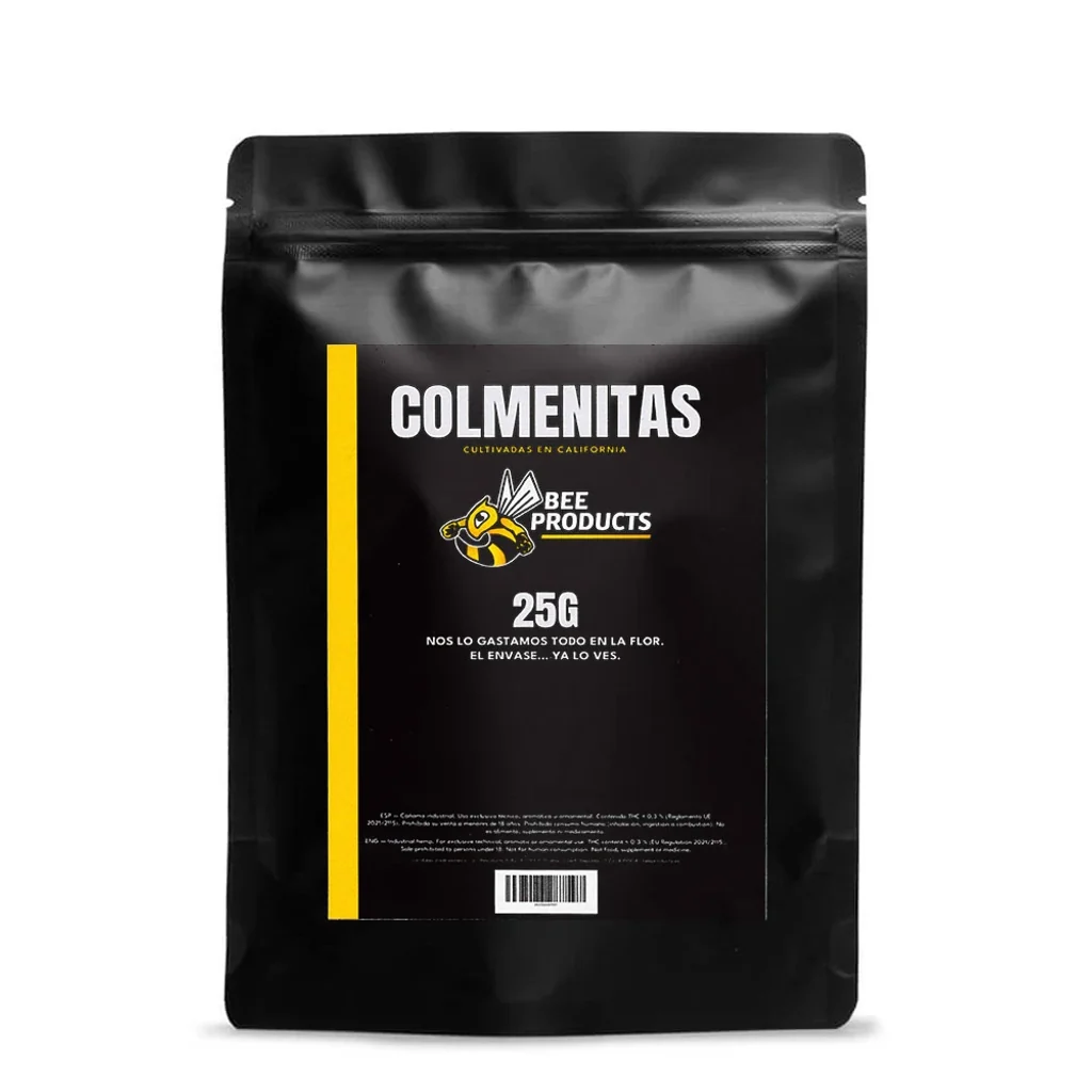 Bolsa negra con cierre superior, franja amarilla y etiqueta «Colmenitas», logotipo Bee Products y texto «25G».