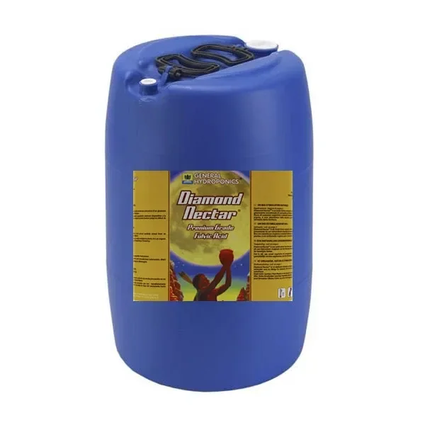 Bidón azul de Diamond Nectar con etiqueta amarilla de General Hydroponics, asas negras y tapones en la parte superior.