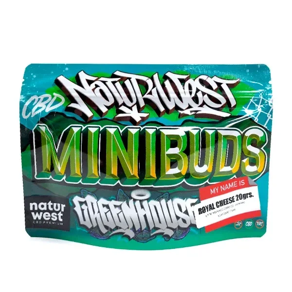 Bolsa de Naturwest Mini Buds con diseño de grafiti verde y turquesa y etiqueta roja y blanca que indica «Royal Cheese 20grs.».