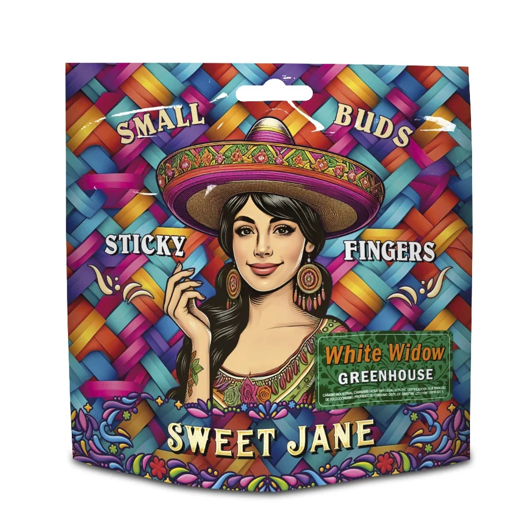 Bolsa Sweet Jane Small Buds White Widow con fondo multicolor e ilustración de una mujer con sombrero y pendientes.