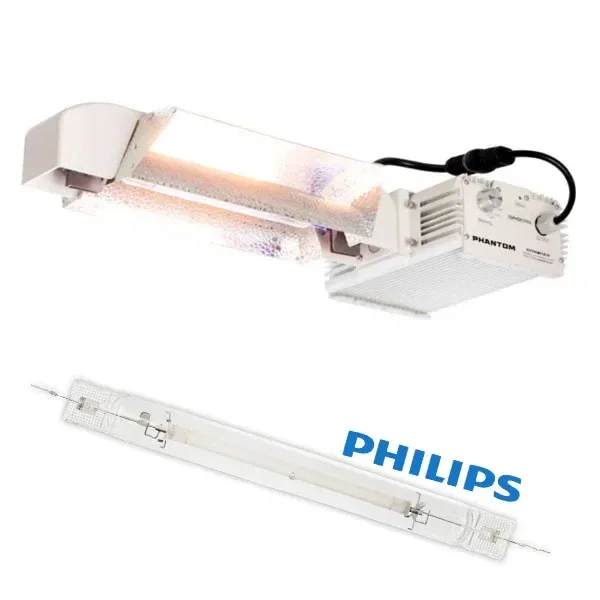 Luminaria Phantom con reflector abierto y balasto blanco; debajo aparece una bombilla Philips de doble extremo sobre fondo blanco.