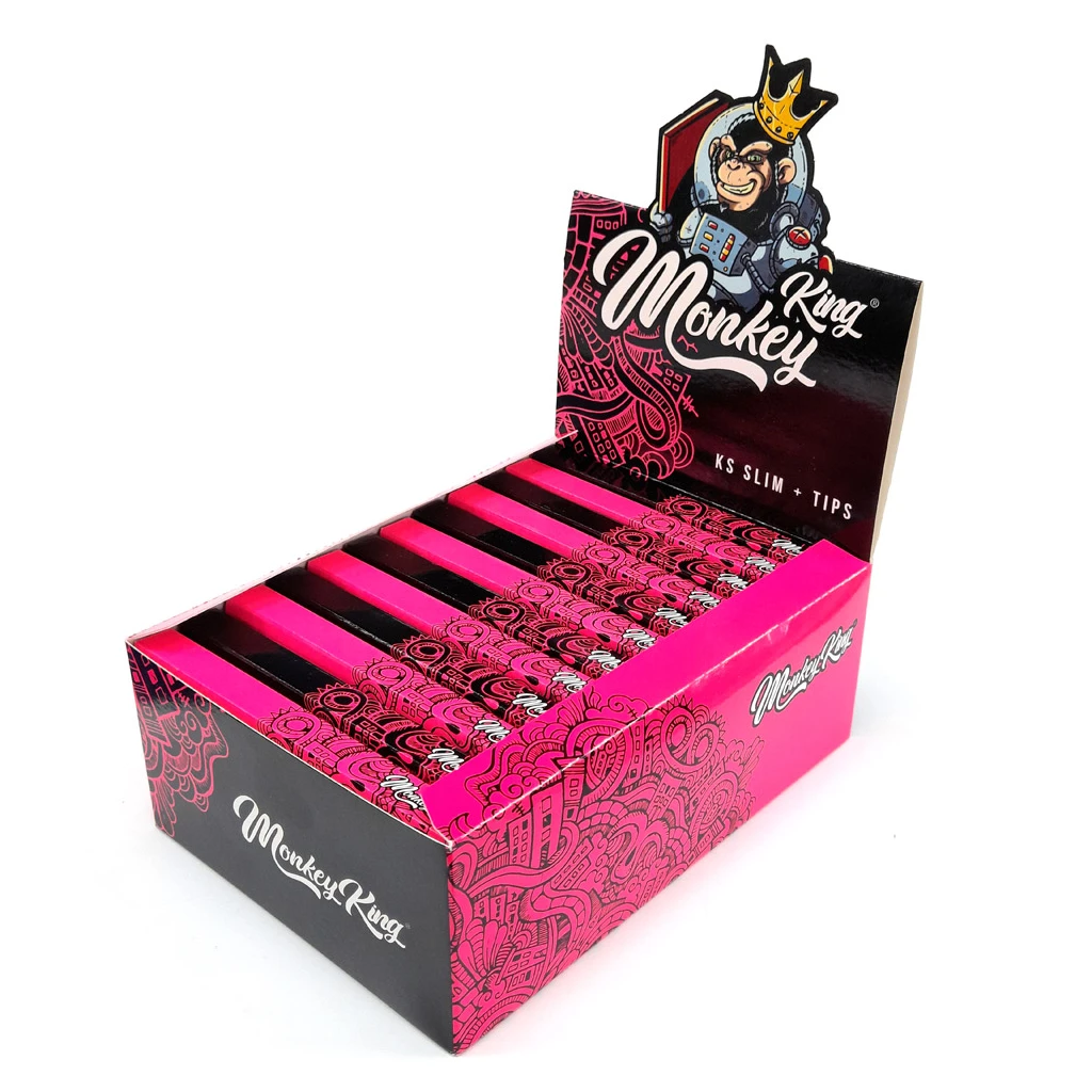 Expositor rosa y negro de papel Monkey King Size Slim con tips, con varias unidades y un mono coronado en la cabecera.