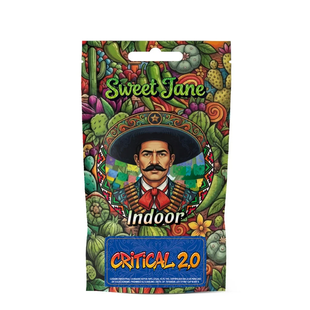 Envase Sweet Jane Indoor Critical 2.0 decorado con cactus y un personaje con bigote, sombrero ancho y pañuelo rojo.