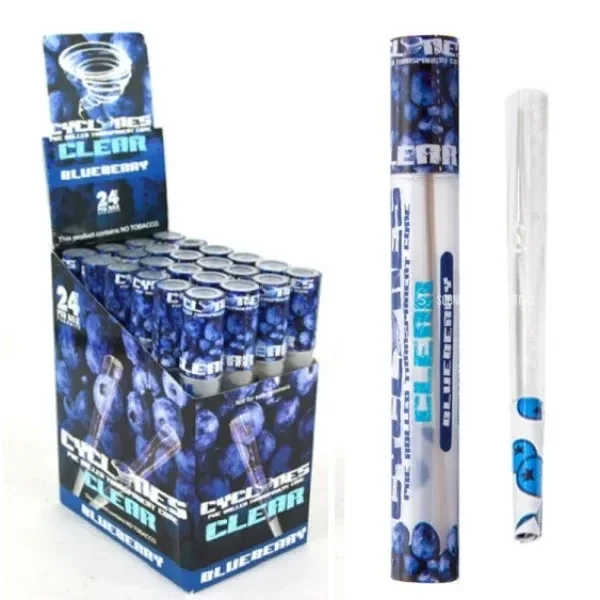 Expositor Cyclones Clear Blueberry con varios tubos azules, junto a un tubo individual y un cono transparente con dibujos azules.