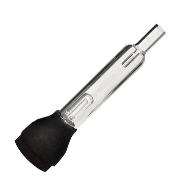 Boquilla Glass Bubbler para X-Vape Vital, transparente y alargada, con conducto interior y base negra, en diagonal sobre fondo blanco.
