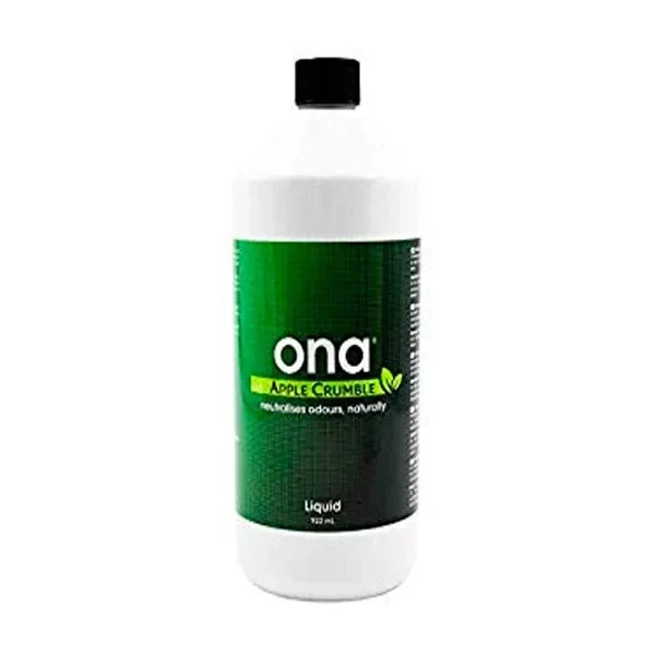 Botella blanca de Ona Líquido Apple Crumble con tapón negro y etiqueta verde, presentada de frente sobre fondo blanco.