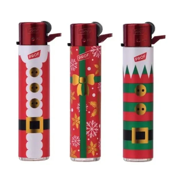 Mecheros PROF con cabezal rojo y distintos diseños navideños: traje de Papá Noel, regalo con lazo y traje de elfo.