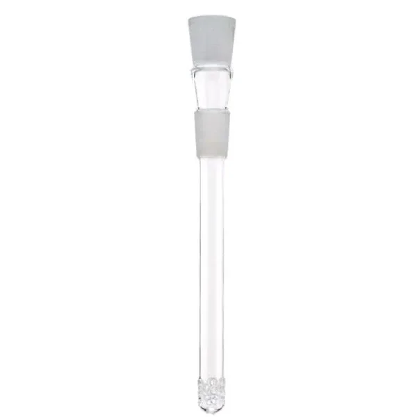 Tubo difusor de cristal transparente para bong, mostrado en vertical, con juntas esmeriladas y pequeñas aberturas en el extremo inferior.