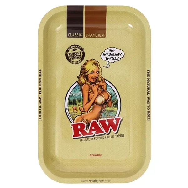 Bandeja RAW Girl beige, rectangular y con esquinas redondeadas, decorada con una mujer rubia en bikini y el logotipo RAW rojo.