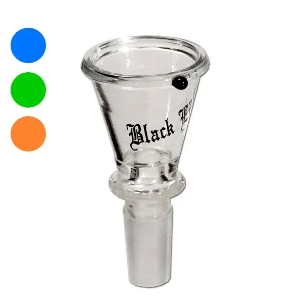 Cazoleta de cristal transparente para bong, con boca ancha, conector esmerilado y detalle negro; al lado aparecen círculos de colores.