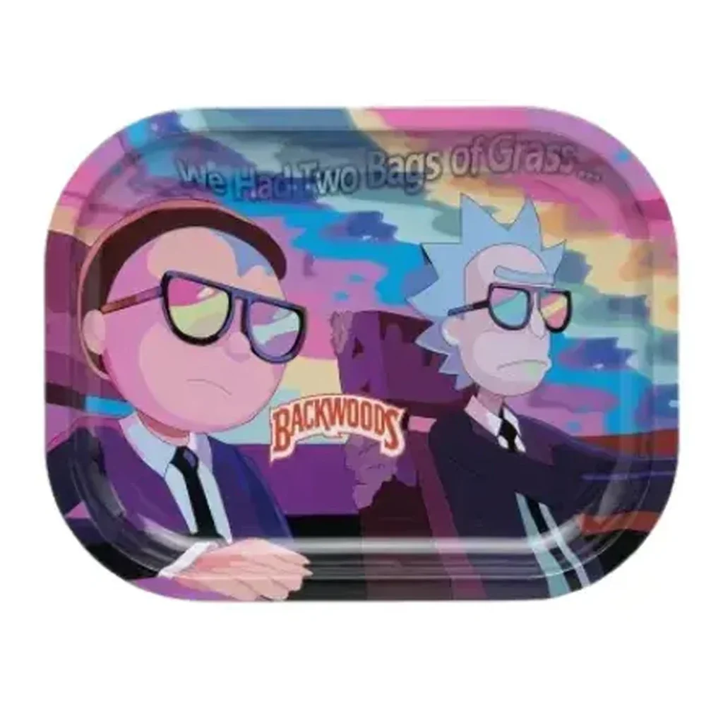 Bandeja rectangular de bordes redondeados con Rick y Morty en traje y gafas de sol, fondo multicolor y logotipo Backwoods.