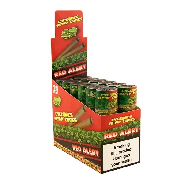 Expositor rojo de Cyclones Hemp Red Alert con varios tubos verdes, dibujos de conos y una advertencia sanitaria frontal en inglés.