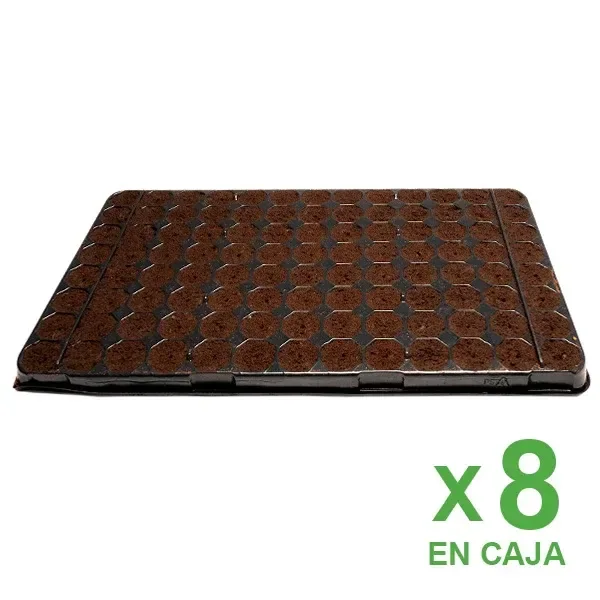 Bandeja negra de semilleros con numerosos alvéolos rellenos de sustrato marrón y el texto «x8 en caja».