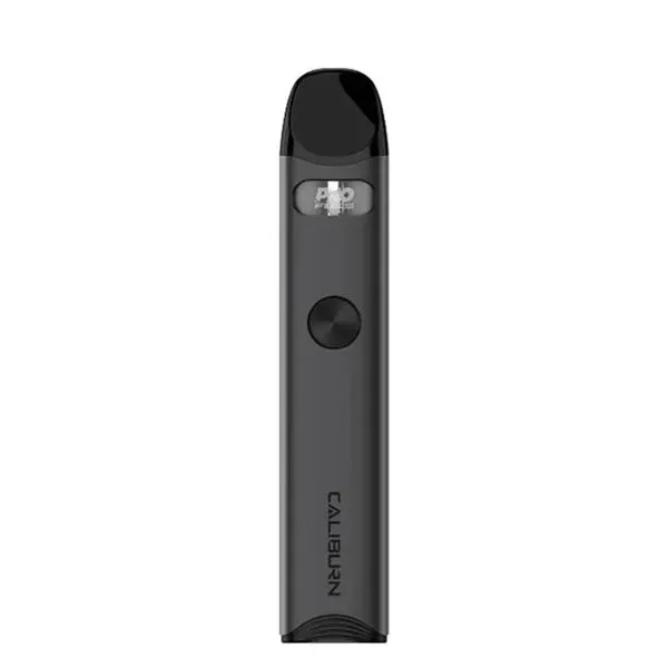 Vapeador Uwell Caliburn gris en posición vertical, con boquilla negra, botón circular frontal e inscripción Caliburn sobre fondo blanco.
