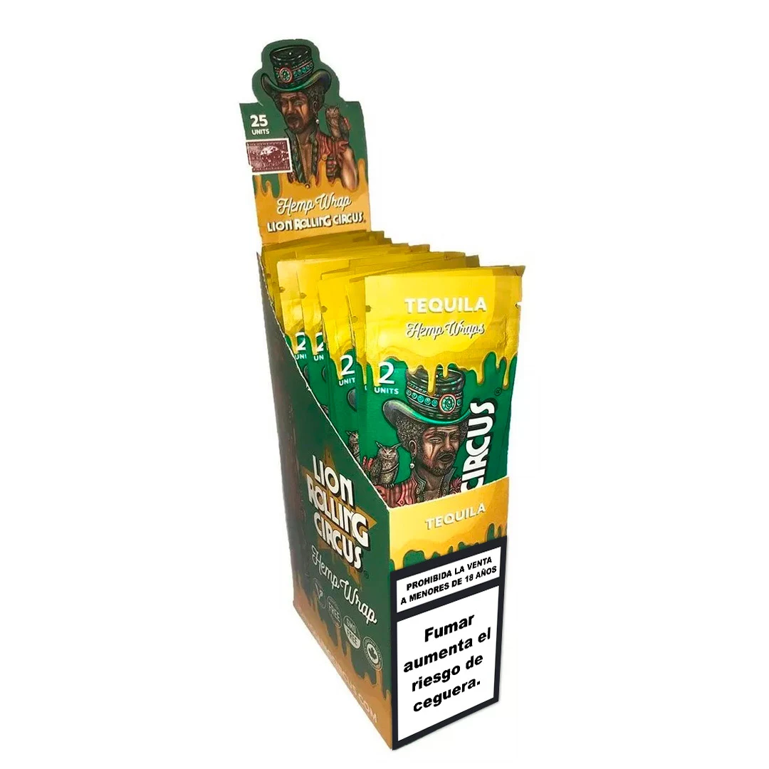 Expositor de Hemp Wraps Tequila de Lion Rolling Circus, con sobres amarillos y verdes y una advertencia sanitaria en el frontal.