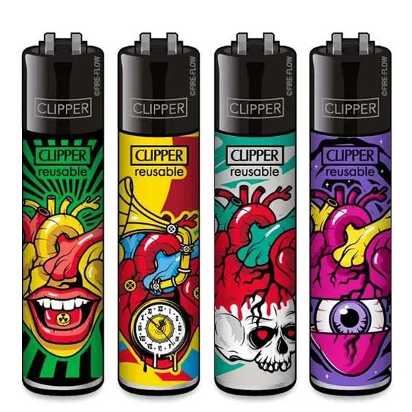 Selección de mecheros Clipper Trippy Hearts con distintos diseños multicolores de corazones, labios, reloj, calavera y ojo.