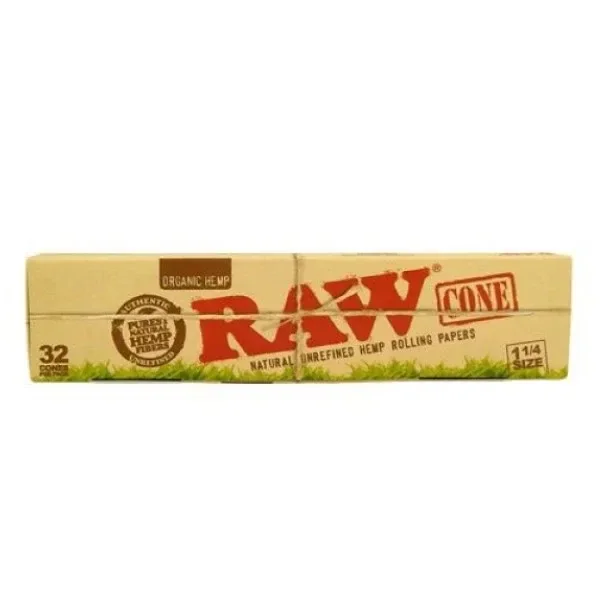 Envase alargado de conos RAW Organic de tamaño 1 1/4, con fondo beige, letras rojas y la indicación de 32 conos.
