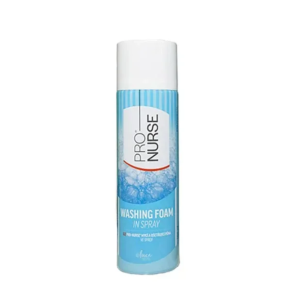 Bote cilíndrico de Washing Foam con tapón blanco y etiqueta azul con burbujas y los textos «PRO NURSE» y «Washing Foam in Spray».