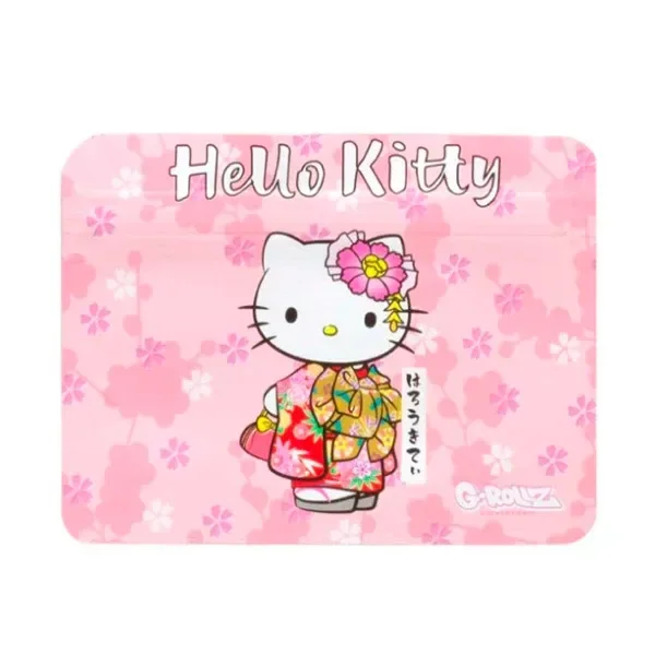 Bolsa rosa G-Rollz con Hello Kitty vestida con kimono floral, una flor en la cabeza y el nombre del personaje en la parte superior.