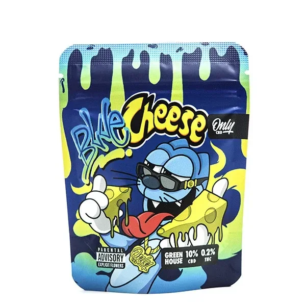 Bolsa Blue Cheese de Only CBD en azul y verde, ilustrada con un personaje de gafas oscuras que sostiene trozos de queso.