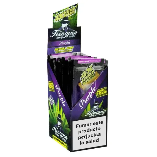 Expositor Kingpin Hemp Wraps Purple con sobres negros y morados, hojas verdes y advertencia sanitaria en español. Expositor Kingpin Hemp Wraps Purple con sobres negros y morados, hojas verdes y advertencia sanitaria en español.