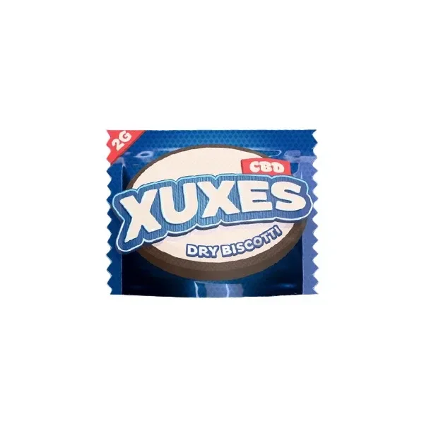 Envoltorio azul de Xuxes Dry Biscotti sobre fondo blanco, con letras grandes blancas y las indicaciones visibles «CBD» y «2G».